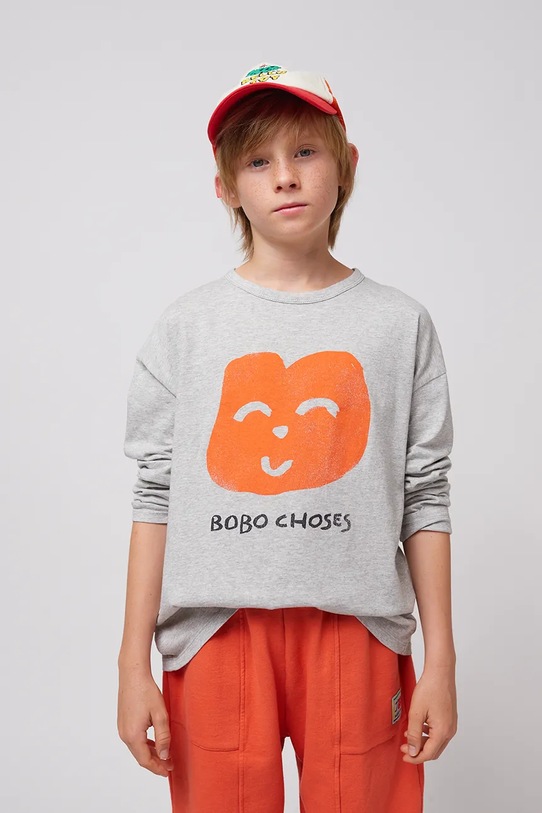 Bobo Choses longsleeve bawełniany dziecięcy Joyful Face nadruk szary 125AC136