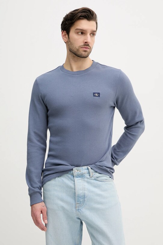 Памучна блуза с дълги ръкави Calvin Klein Jeans син J30J327117