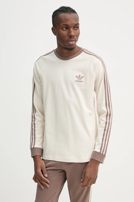 Памучна блуза с дълги ръкави adidas Originals 3-Stripes щампа бежов JN7022