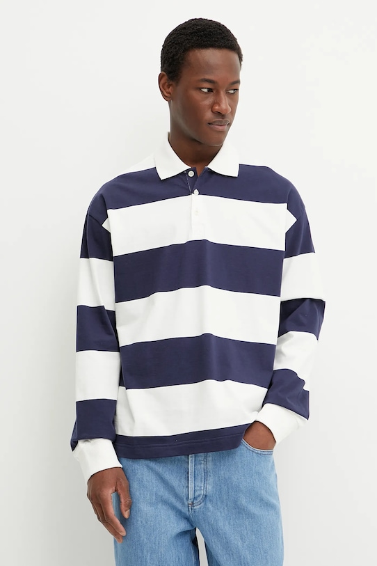 Bavlněné tričko s dlouhým rukávem A.P.C. polo riley propínací námořnická modř COGFS.H26290