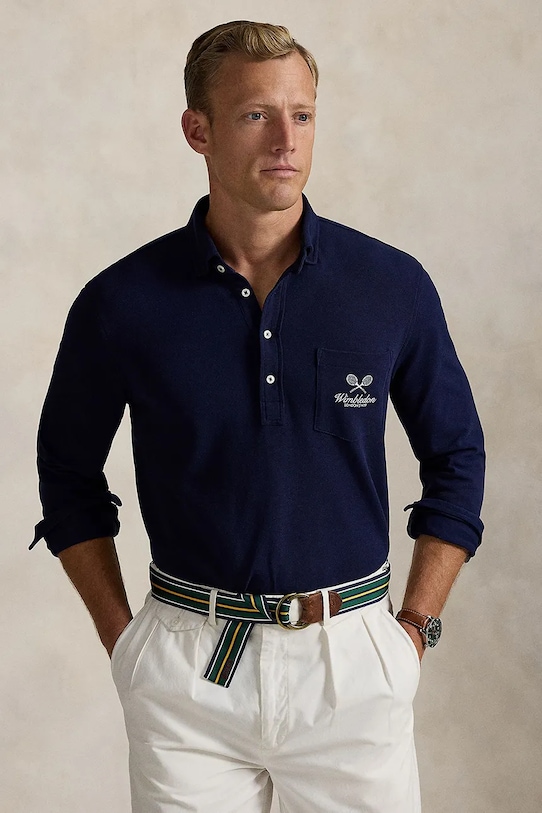 Βαμβακερή μπλούζα με μακριά μανίκια Polo Ralph Lauren Wimbledon Collection κανονικό σκούρο μπλε 710970484