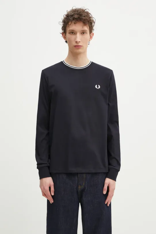 Fred Perry cotton longsleeve top applique navy M9602.795