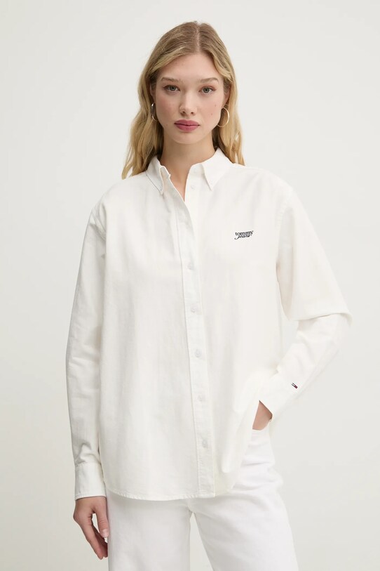 Bavlněná košile Tommy Jeans dlouhý béžová DW0DW19358