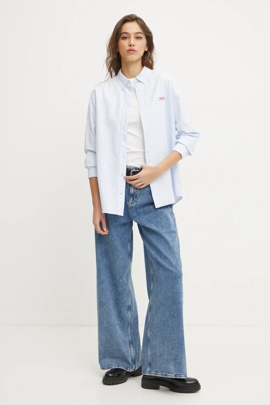 Tommy Jeans camasa din bumbac DW0DW19358 albastru SS25