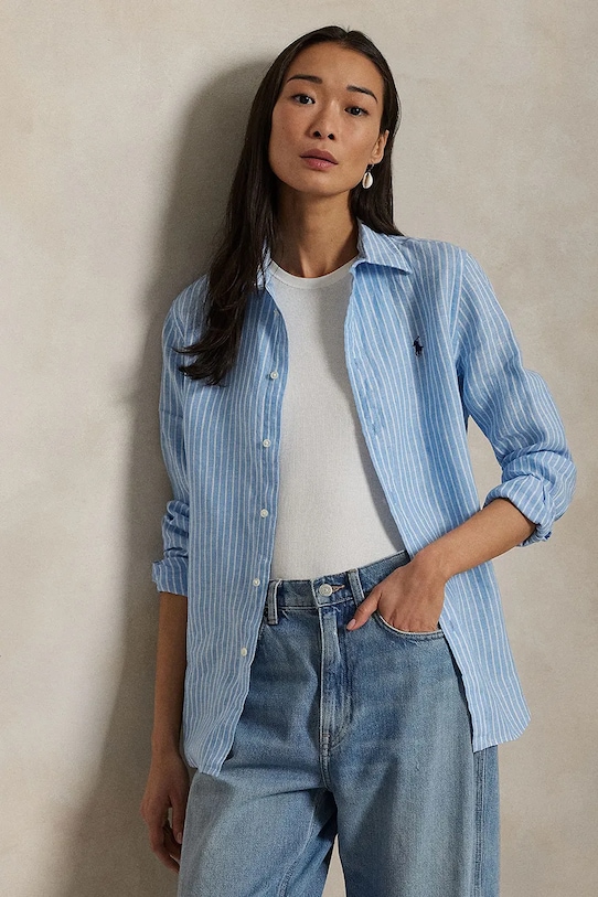 Πουκάμισο από λινό Polo Ralph Lauren κανονικό μπλε 211970691