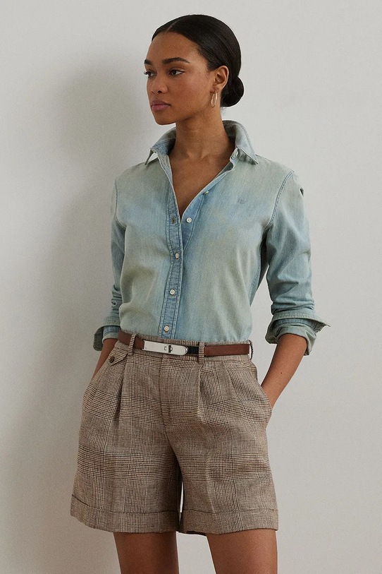 Βαμβακερό τζιν πουκάμισο Lauren Ralph Lauren μακρύ μπλε 200963850