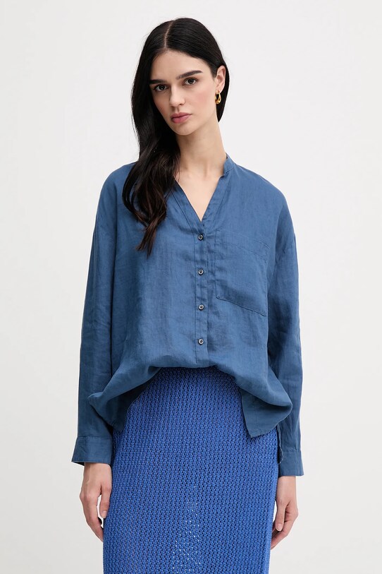 Πουκάμισο από λινό United Colors of Benetton μακρύ μπλε 5BMLDQ0BA