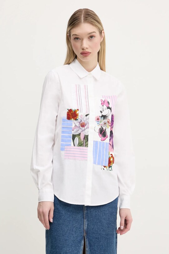 Desigual camicia in cotone FLOWERS MINNIE applique bianco 25SWCW24