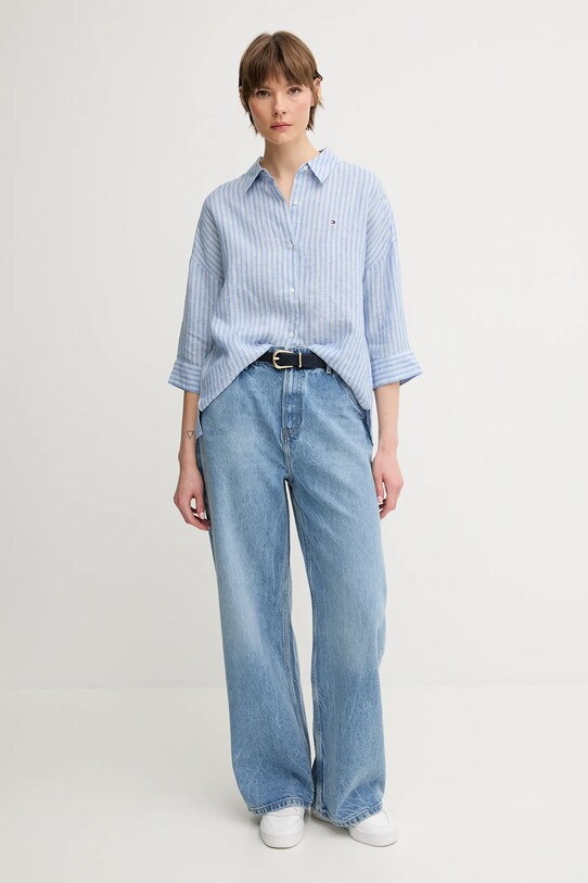 Πουκάμισο από λινό Tommy Hilfiger WW0WW46169 μπλε SS25
