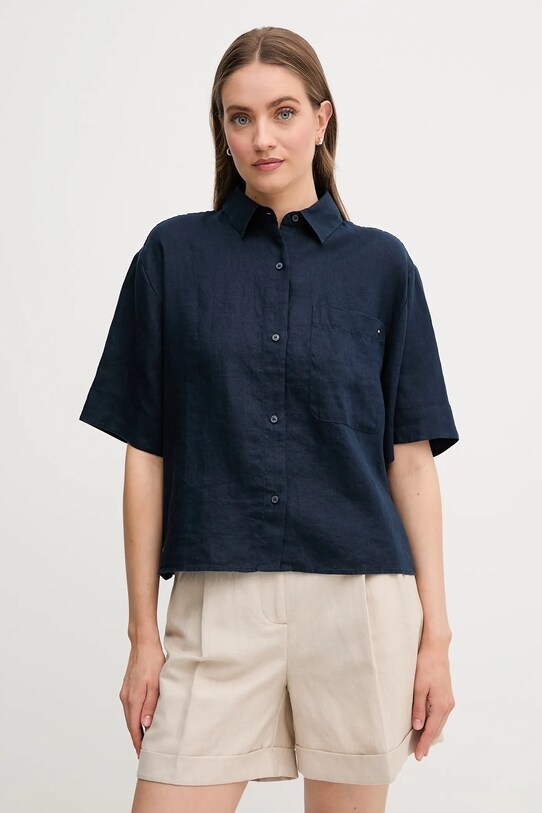 Ľanová košeľa Tommy Hilfiger relaxed tmavomodrá WW0WW44720