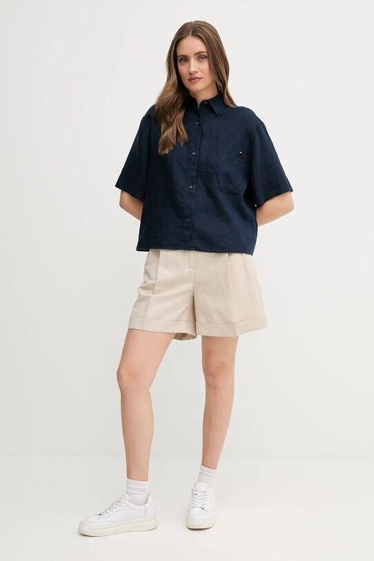 Ľanová košeľa Tommy Hilfiger WW0WW44720 tmavomodrá SS25