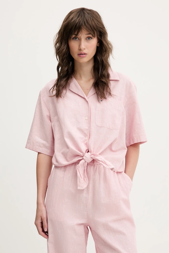 Tommy Jeans cămașă din amestec de in cu modele roz DW0DW20286