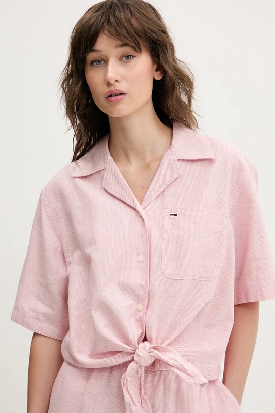 Tommy Jeans cămașă din amestec de in roz DW0DW20286