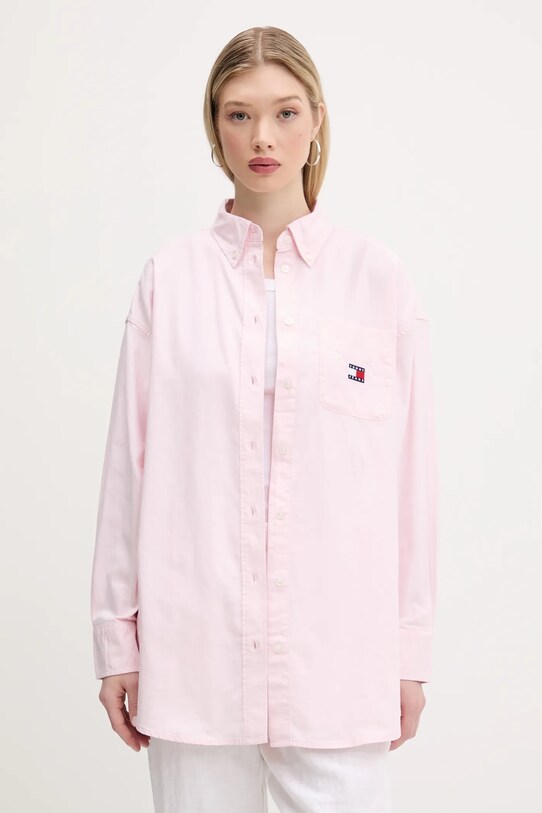 Памучна риза Tommy Jeans свободна розов DW0DW20289