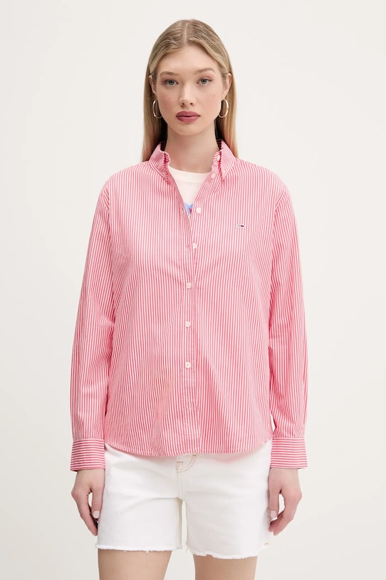 Bavlnená košeľa Tommy Jeans pásiky ružová DW0DW20290