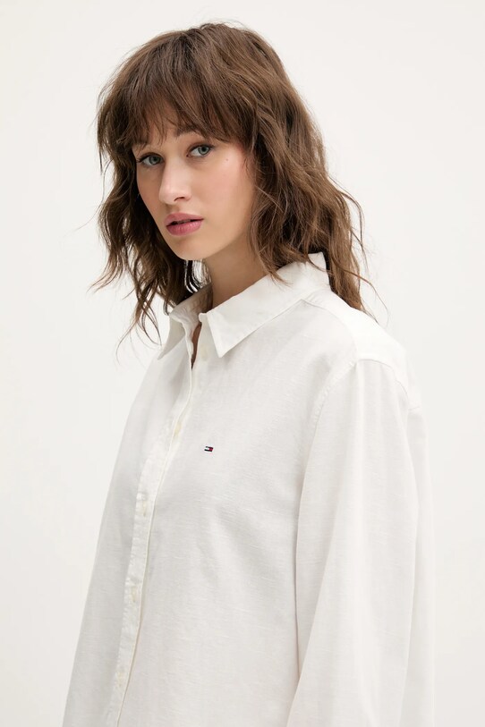 Košeľa s prímesou ľanu Tommy Jeans béžová DW0DW20292