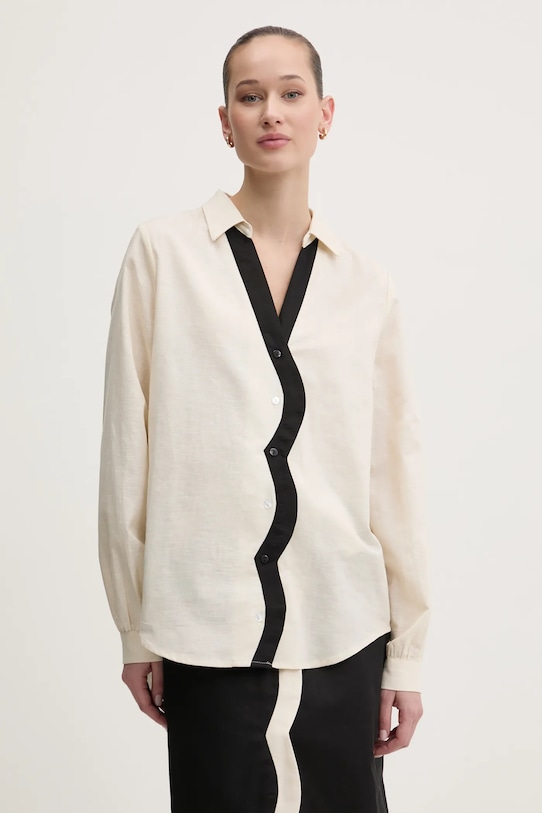 Never Fully Dressed koszula z domieszką lnu klasyczny beżowy NFDTO1642