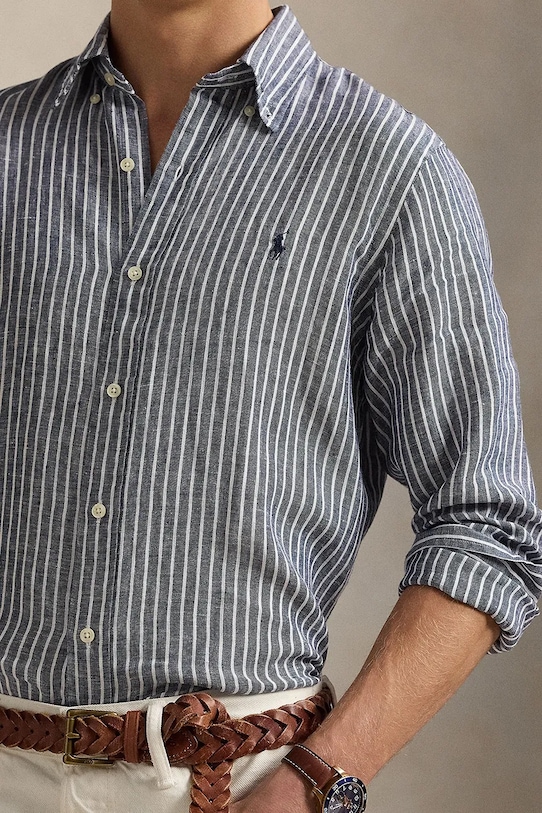 Ľanová košeľa Polo Ralph Lauren tmavomodrá 710961264