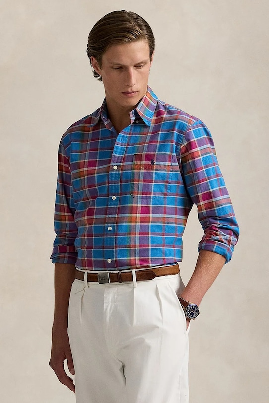 Хлопковая рубашка Polo Ralph Lauren узор голубой 710961339