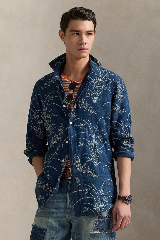 Льняная рубашка Polo Ralph Lauren узор голубой 710957840