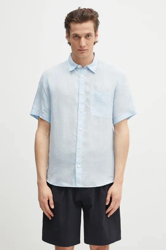 Lněná košile A.P.C. chemisette bellini logo relaxed modrá LIAEK.H12551