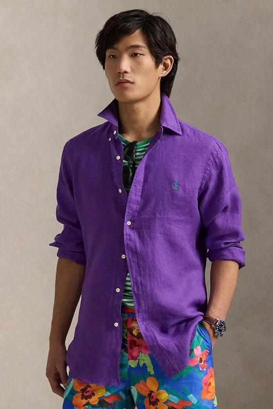 Πουκάμισο από λινό Polo Ralph Lauren Long Sleeve Sport Shirt κανονικό μωβ 710966294