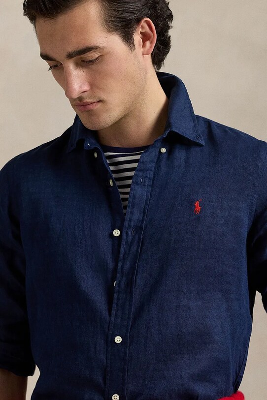 Lněná košile Polo Ralph Lauren Long Sleeve Sport Shirt námořnická modř 710966294