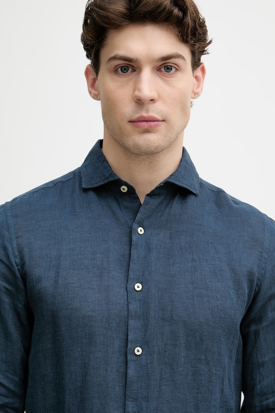 United Colors of Benetton košeľa pánska ľanová tmavomodrá 5BKUUQ04Q