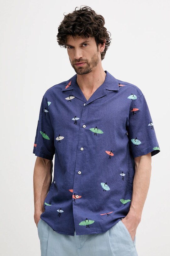 United Colors of Benetton cămașă de in scurt bleumarin 5HPWUQ05B