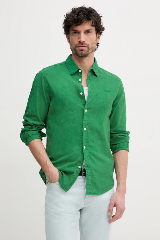 Lněná košile Pepe Jeans ARNAU hladký zelená PM308844