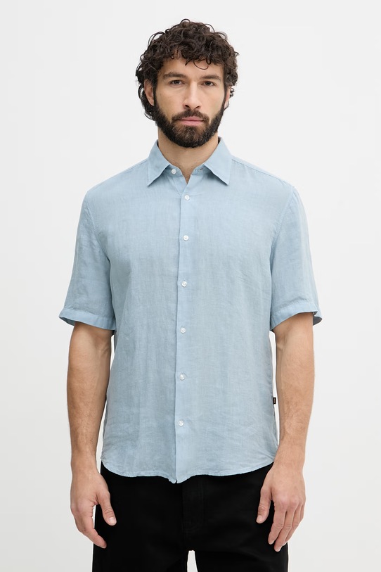 BOSS Orange košeľa pánska ľanová modrá 50537382