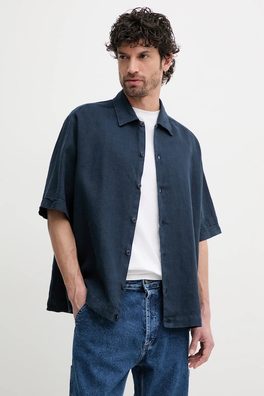 Πουκάμισο από λινό BOSS Orange casual σκούρο μπλε 50538880