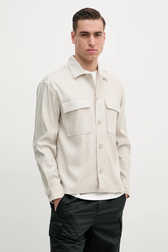 Риза с лен Calvin Klein стандартна бежов K10K114191