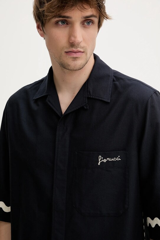 Fiorucci koszula bawełniana Wave Trim Logo Embroidered Bowling Shirt granatowy M02SMTSS295CO01BL05