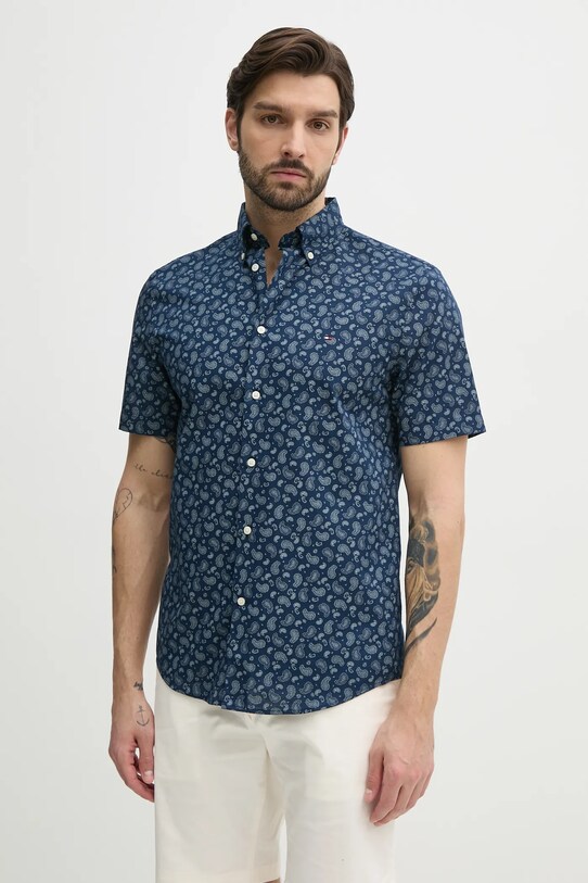Tommy Hilfiger cămașă din amestec de in scurt bleumarin MW0MW38566