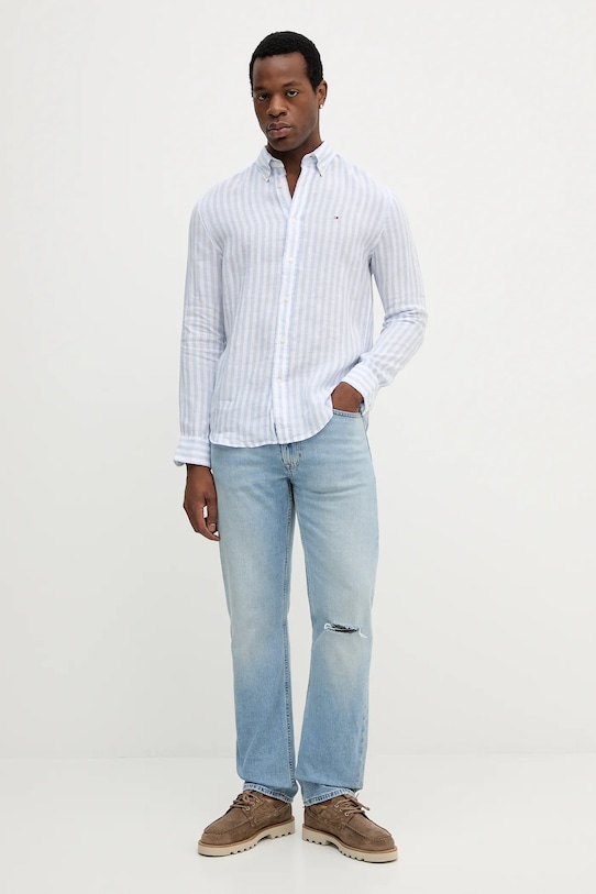 Lněná košile Tommy Hilfiger MW0MW38581 modrá SS25