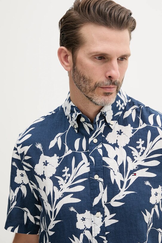 Lněná košile Tommy Hilfiger námořnická modř MW0MW38586