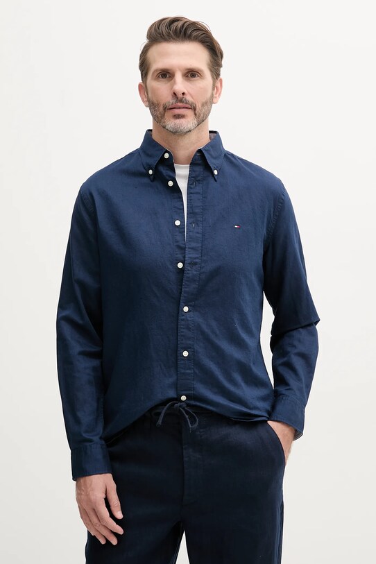 Tommy Hilfiger cămașă din amestec de in lung bleumarin MW0MW40702