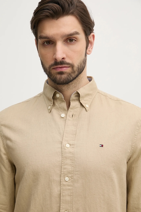 Tommy Hilfiger koszula z domieszką lnu beżowy MW0MW40702