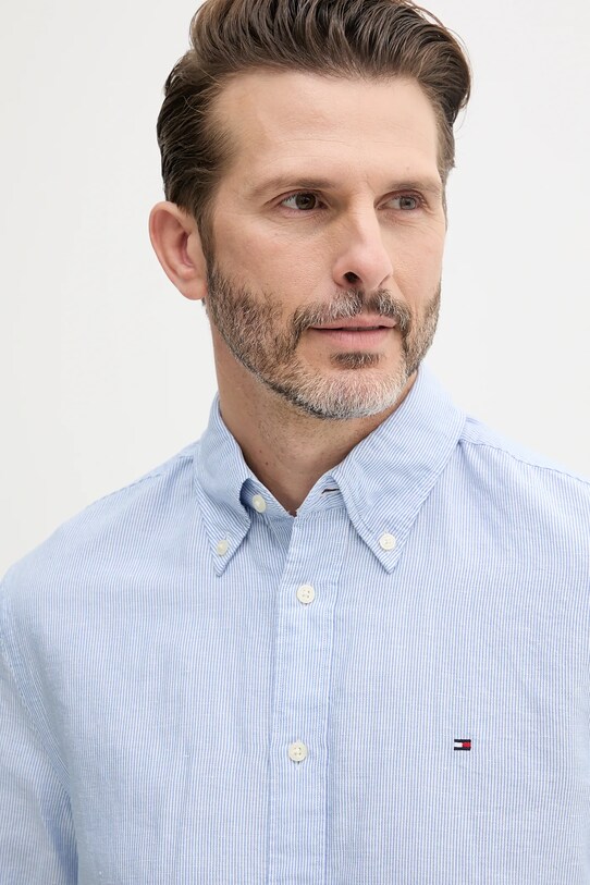 Tommy Hilfiger cămașă din amestec de in albastru MW0MW40704
