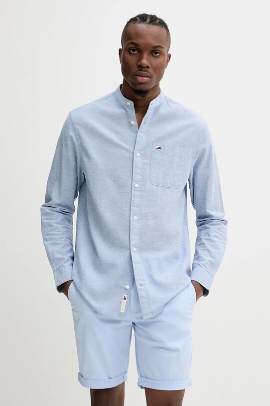 Košile s příměsí lnu Tommy Jeans hladký modrá DM0DM20876