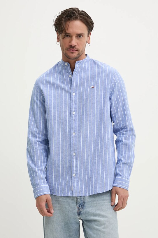 Tommy Jeans camasa din amestec de in cu modele albastru DM0DM20893
