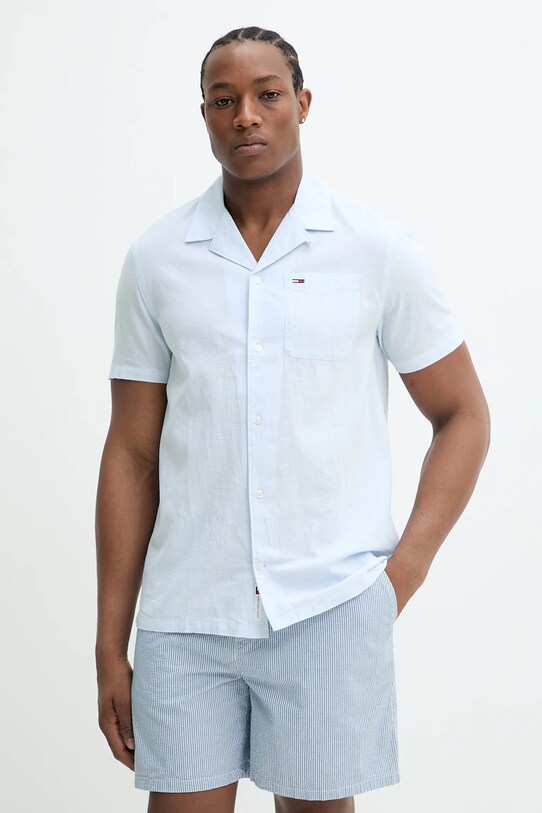 Tommy Jeans cămașă din amestec de in scurt albastru DM0DM20895