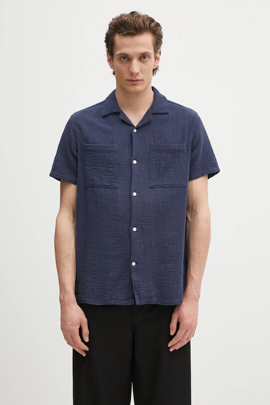 Barbour cămașă din bumbac Barbour Benson Textured Relaxed Fit S/S Shirt scurt bleumarin MSH5613