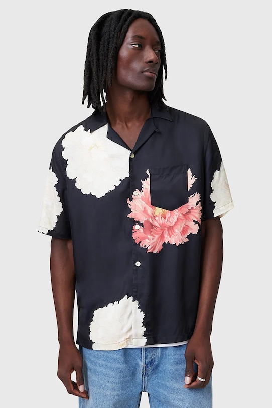 AllSaints camasa din bumbac FLEUR cu modele negru M058SC