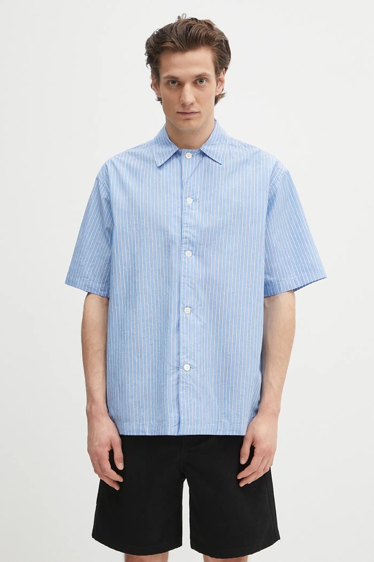 Norse Projects cămașă din bumbac Mads Poplin Stripe SS scurt albastru N40.0831.7000