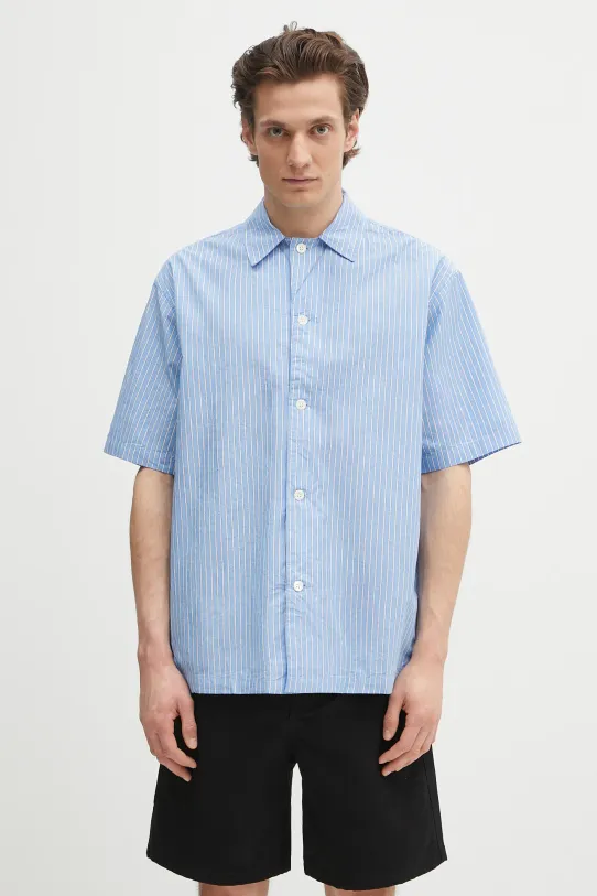 Norse Projects cămașă din bumbac Mads Poplin Stripe SS casual albastru N40.0831.7000