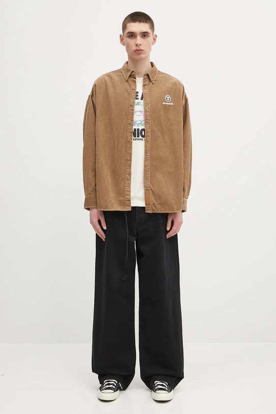 Manšestrová košile AAPE Now Long Sleeve AAPSTM8499XXN hnědá