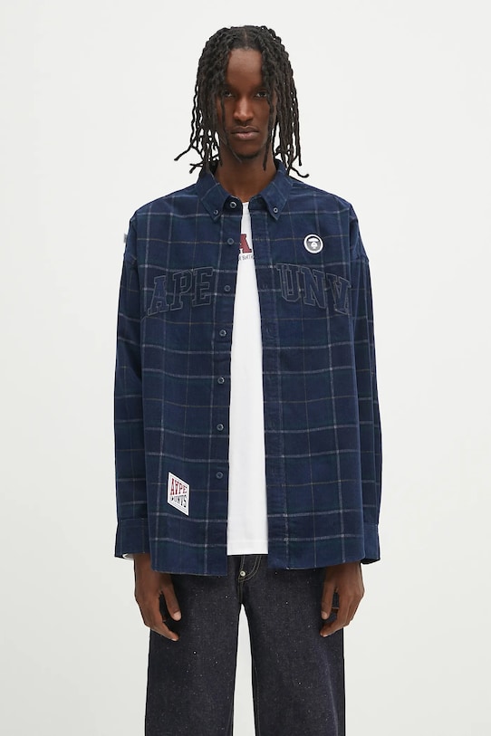 Menčestrová košeľa AAPE Main Long Sleeve relaxed tmavomodrá AAPSTM8505XXN