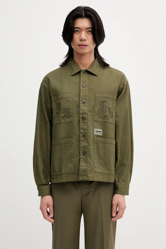 NEIGHBORHOOD cămașă din amestec de in EMBROIDERY relaxed verde 251AQNH.SHM03